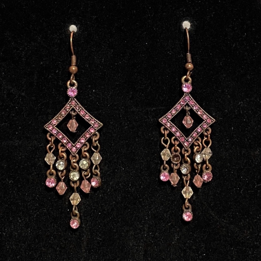 Vintage Antique Gold Pink & White Beaded Drop Dangle Earrings